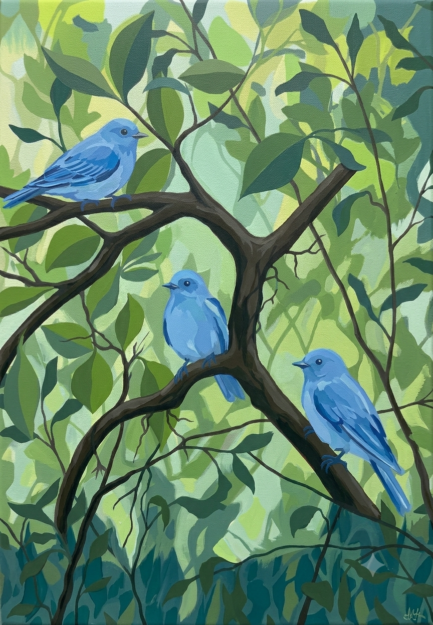 Birds in the trees in Acrylics –2nd or 3rd July