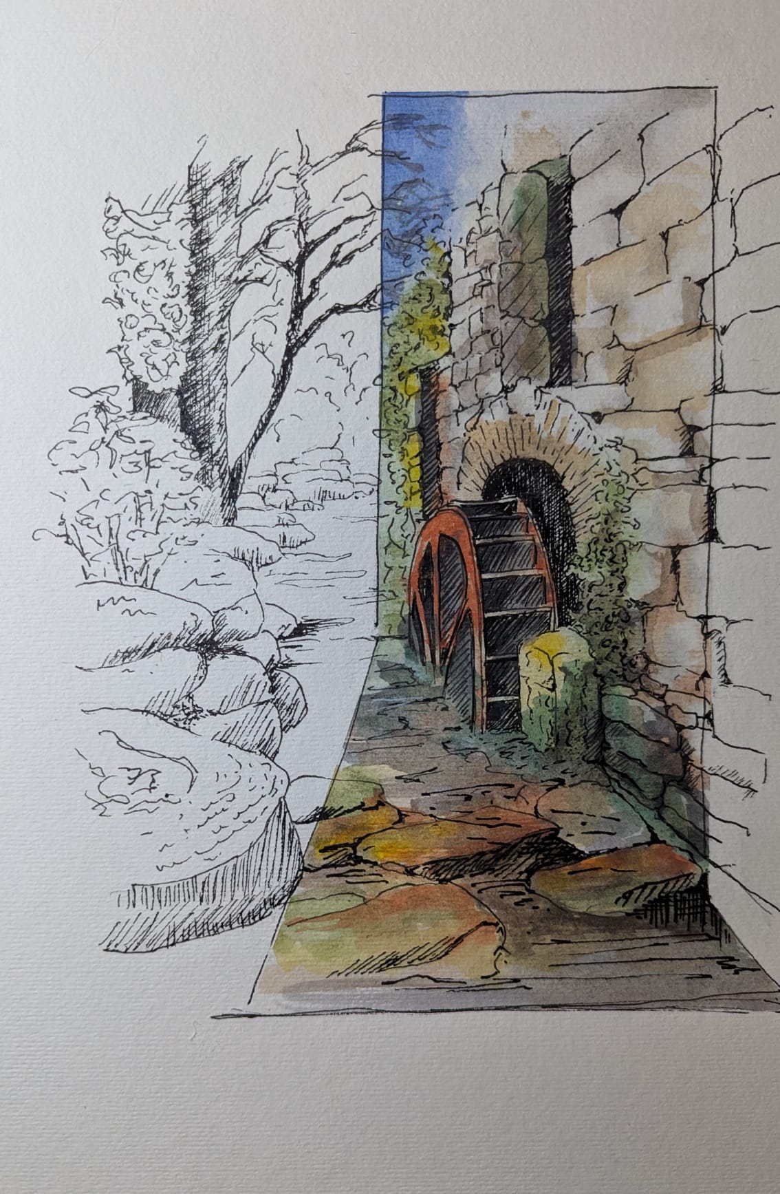 Watermill in Watercolour and Fineliner – 12/13th February